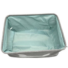Load image into Gallery viewer, Winifred and Lily 17"x13" Grey with Teal Inside Linen Rectangular Pet Storage Bin with Woof Bark Play message inside White Bone,