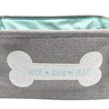 Load image into Gallery viewer, Winifred and Lily 17"x13" Grey with Teal Inside Linen Rectangular Pet Storage Bin with Woof Bark Play message inside White Bone,