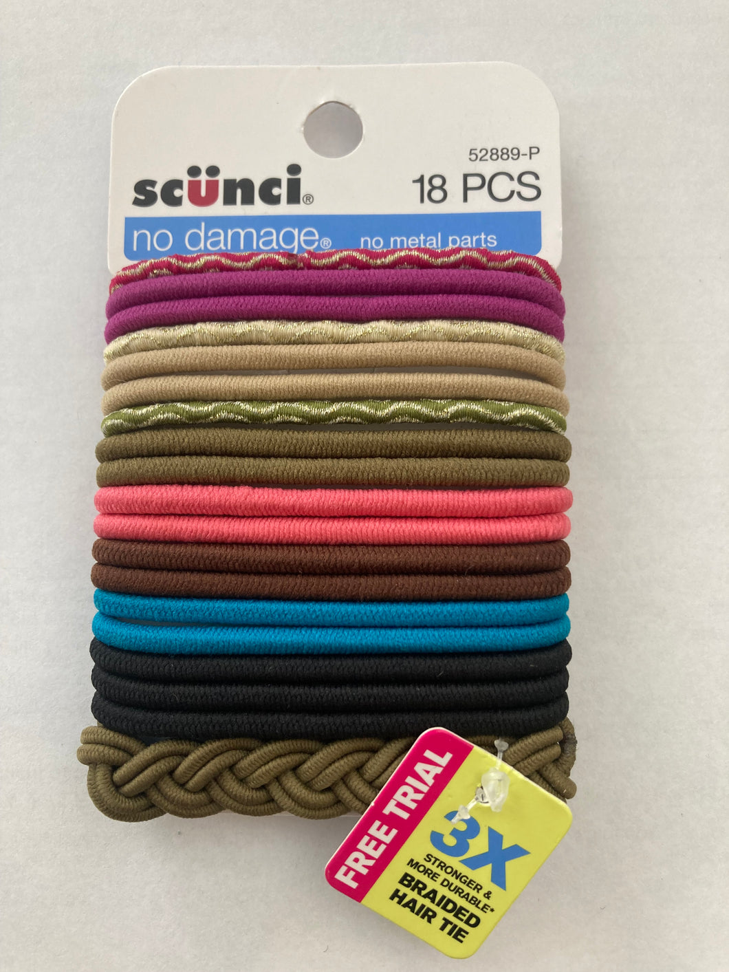 Scunci 18 piece Hair Elastics Hair Tie w/ Bonus Braided Hair Tie - No Damage - No Metal Parts