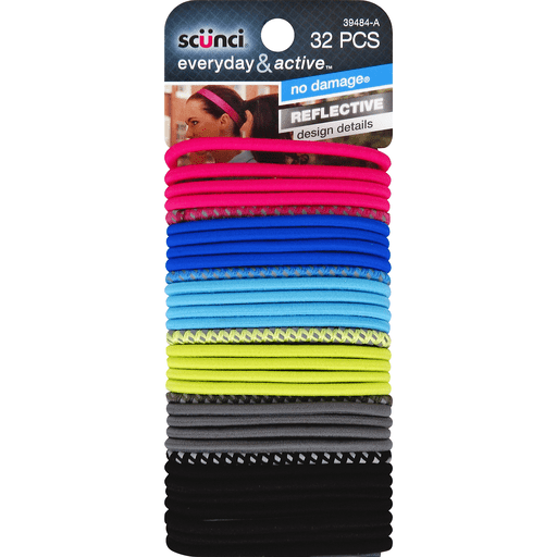 Scunci Everyday & Active No Damage Hair Elastics - Hair Ties - REFLECTIVE 32 pieces #39484-A
