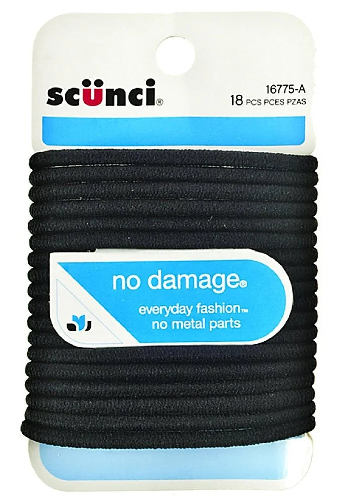 Scunci No Damage Comfort Classic Hair Ties Hair Elastics Black Pack of 18  #16775-A
