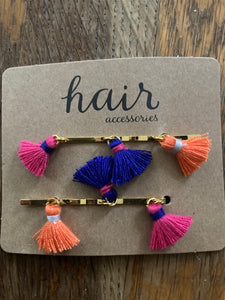 Scunci orange, blue & pink barrettes with tassel