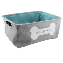 Load image into Gallery viewer, Winifred and Lily 17&quot;x13&quot; Grey with Teal Inside Linen Rectangular Pet Storage Bin with Woof Bark Play message inside White Bone,
